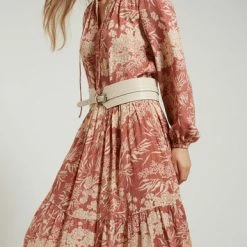 Yaya Printed High Neck Dress With Cap Sleeves - Cedar Wood Red Dessin