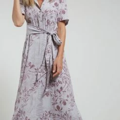 Yaya Printed Short Sleeve Dress With Knotted Waist Detail - Raindrops Purple Dessin