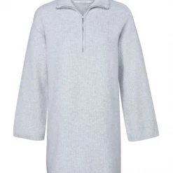 Yaya Mid-length Wide Tunic Sweater With Zipper At Collar - Soft Grey Melange