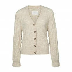 Yaya Pointelle Stitch Cardigan with Ruffle Sleeves - Beige Melange