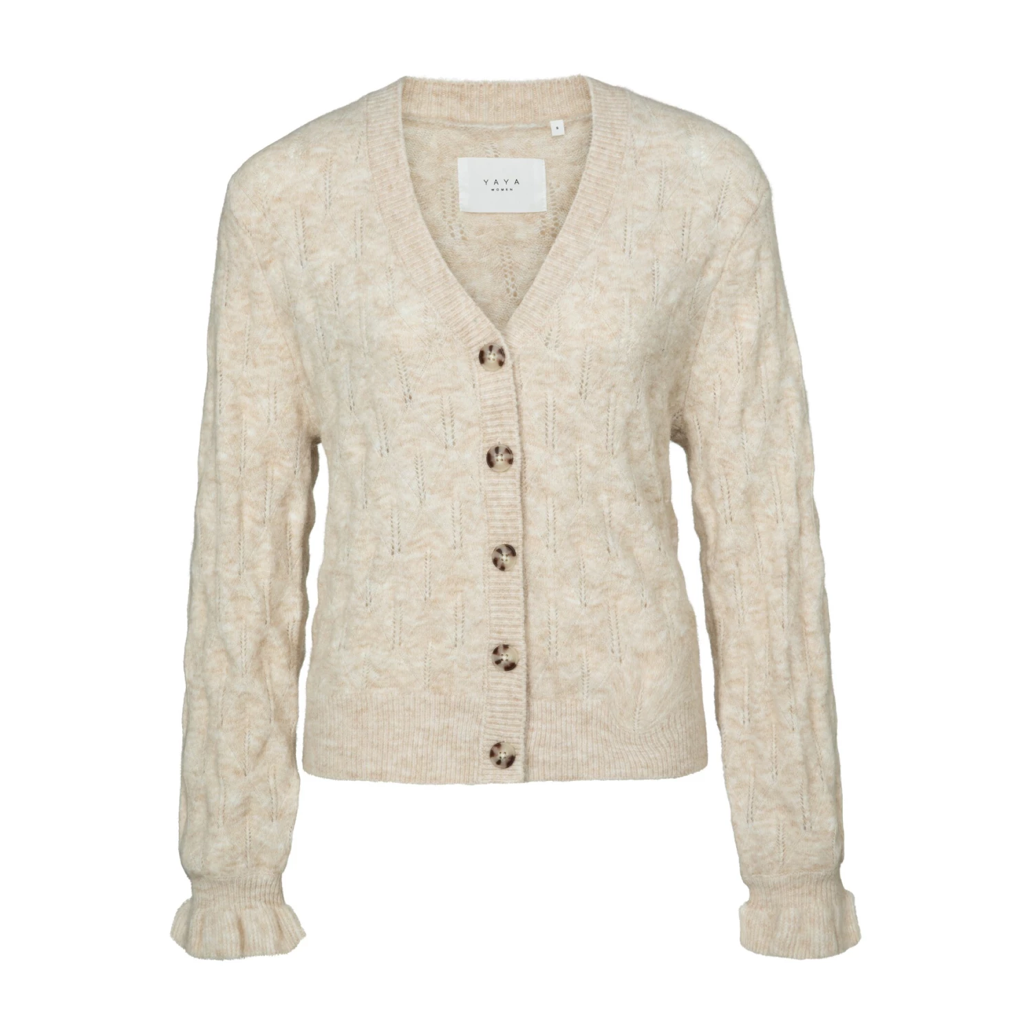 Yaya Pointelle Stitch Cardigan with Ruffle Sleeves - Beige Melange 3 Yaya Pointelle Stitch Cardigan with Ruffle Sleeves - Beige Melange