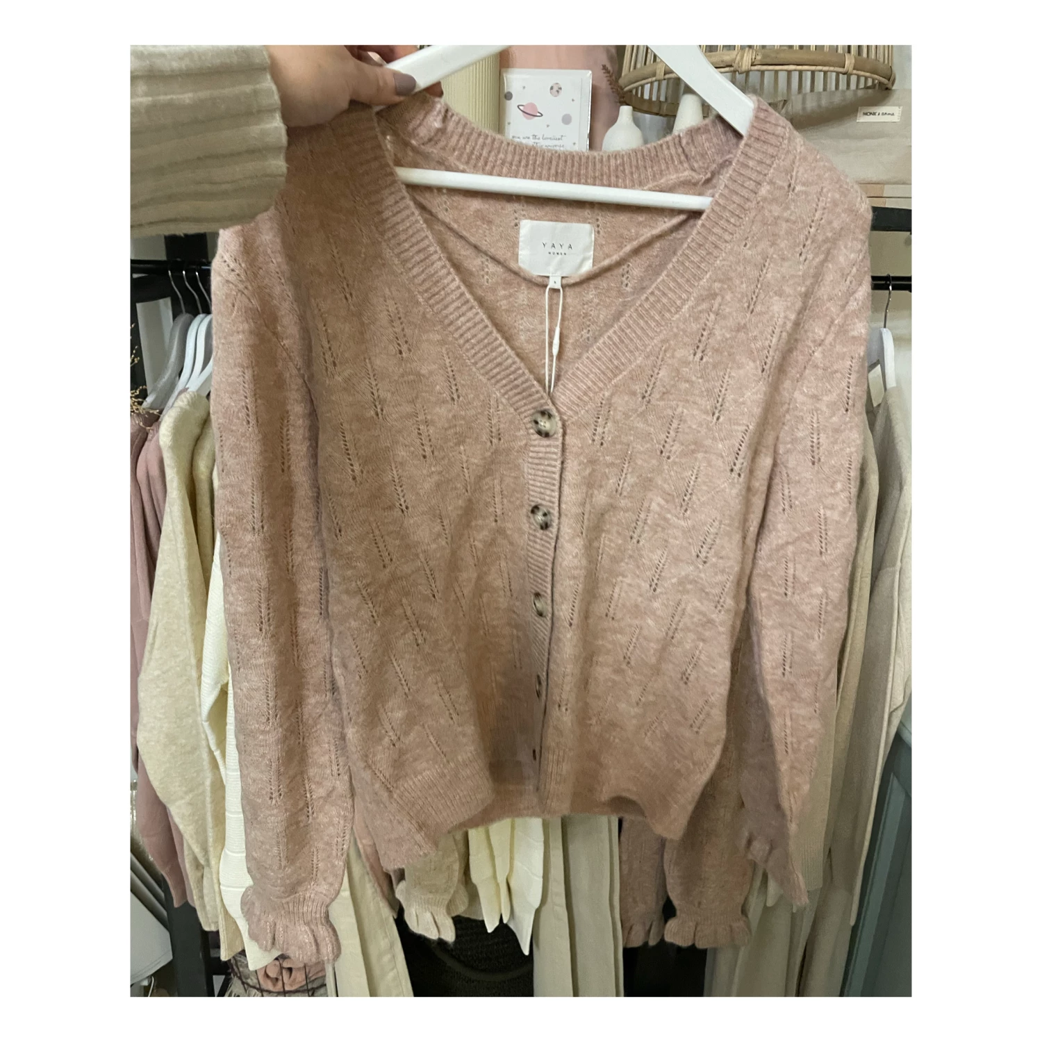 Yaya Pointelle Stitch Cardigan with Ruffle Sleeves - Rose Pink Melange 6 Yaya Pointelle Stitch Cardigan with Ruffle Sleeves - Rose Pink Melange