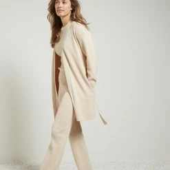 Yaya Fine Ribbed Knitted Mid Length Cardigan with Belt - Creme Brulee Beige