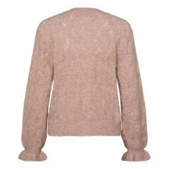 Yaya Pointelle Stitch Cardigan with Ruffle Sleeves - Rose Pink Melange