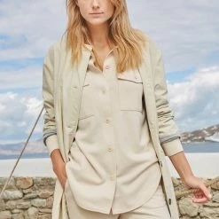 Yaya Round Neck Nylon Jacket with Cotton Jersey Lining - Creme Brulee Beige