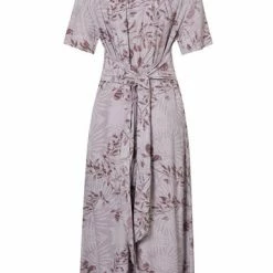 Yaya Printed Short Sleeve Dress With Knotted Waist Detail - Raindrops Purple Dessin