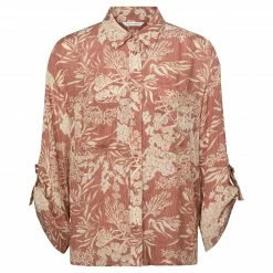 Yaya Printed Long Sleeve Blouse with Chest Pockets - Cedar Wood Red Print