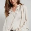 Yaya Half Button Up Long Sleeve Top- Fog Sand
