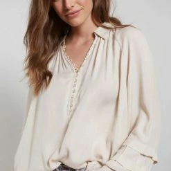 Yaya Half Button Up Long Sleeve Top- Fog Sand