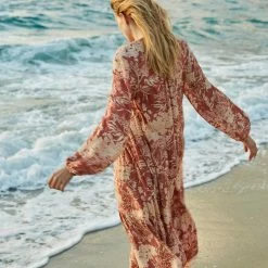 Yaya Botanical Print Boho Floaty Maxi Dress - Cedar Wood Red & Brazilian Sand Print