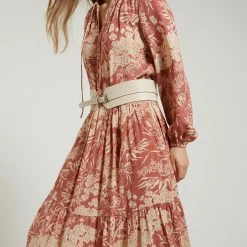 Yaya Botanical Print Boho Floaty Maxi Dress - Cedar Wood Red & Brazilian Sand Print