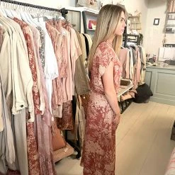 Yaya Botanical Print Dress with Cap Sleeves - Cedar Wood Red & Brazilian Sand Print