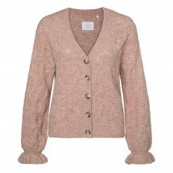 Yaya Pointelle Stitch Cardigan with Ruffle Sleeves - Rose Pink Melange