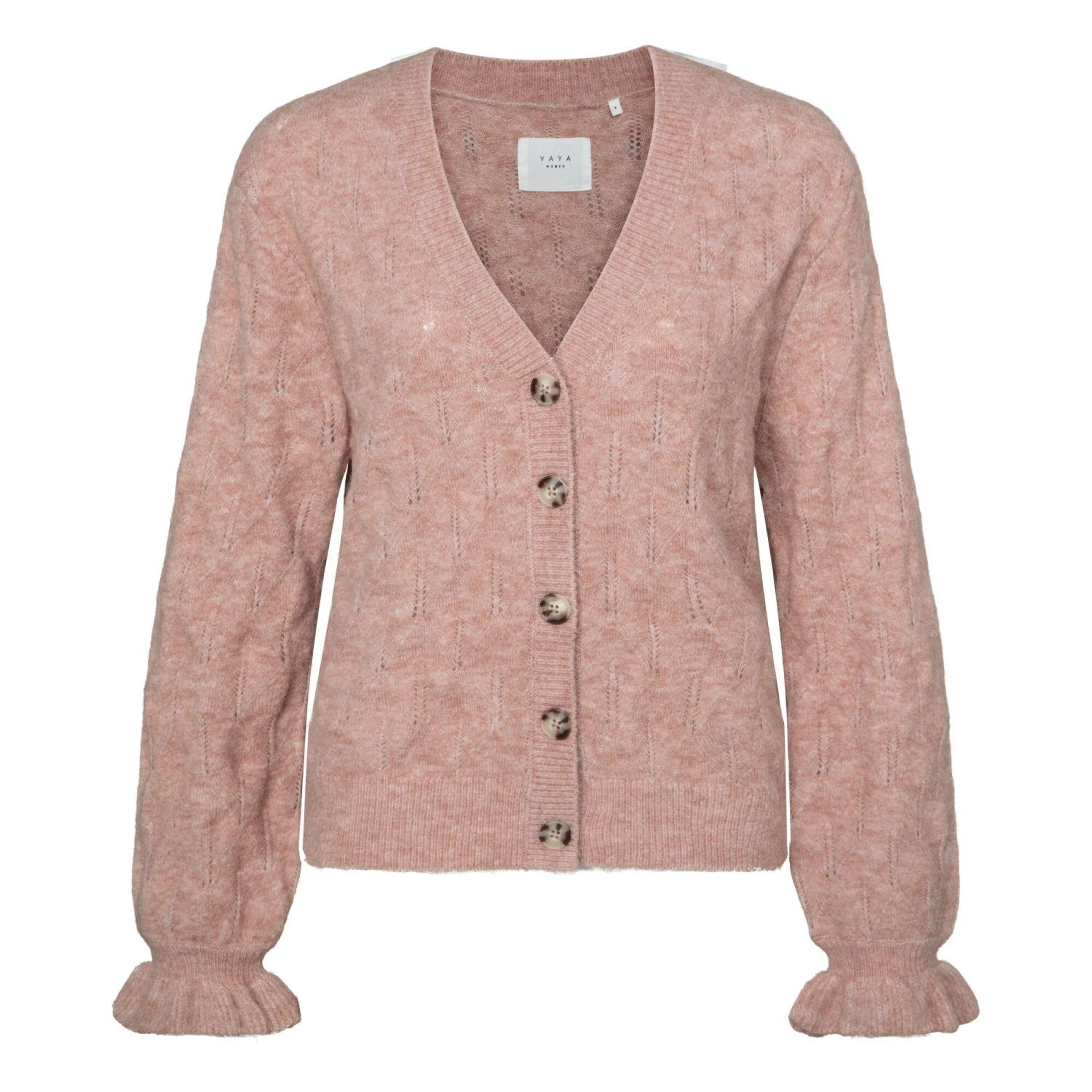 Yaya Pointelle Stitch Cardigan with Ruffle Sleeves - Rose Pink Melange 3 Yaya Pointelle Stitch Cardigan with Ruffle Sleeves - Rose Pink Melange