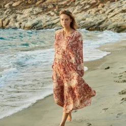 Yaya Botanical Print Boho Floaty Maxi Dress - Cedar Wood Red & Brazilian Sand Print