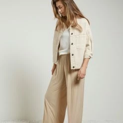 Yaya Denim Jacket with Ruched Back & Puffed Sleeves - Sesame Sand 10 Yaya Denim Jacket with Ruched Back & Puffed Sleeves - Sesame Sand