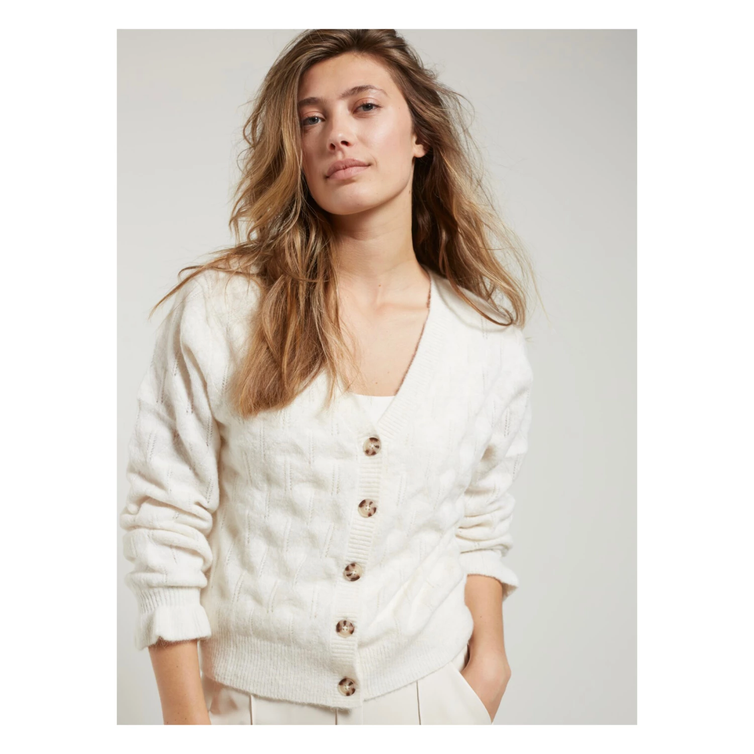 Yaya Pointelle Stitch Cardigan with Ruffle Sleeves - Beige Melange 8 Yaya Pointelle Stitch Cardigan with Ruffle Sleeves - Beige Melange