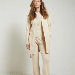 Yaya Fine Ribbed Knitted Mid Length Cardigan with Belt - Creme Brulee Beige