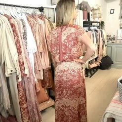 Yaya Botanical Print Dress with Cap Sleeves - Cedar Wood Red & Brazilian Sand Print