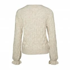 Yaya Pointelle Stitch Cardigan with Ruffle Sleeves - Beige Melange