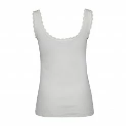Yaya Ribbed Vest Top with Lace Trim - Egret Off White