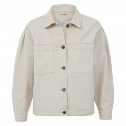 Yaya Denim Jacket with Ruched Back & Puffed Sleeves - Sesame Sand