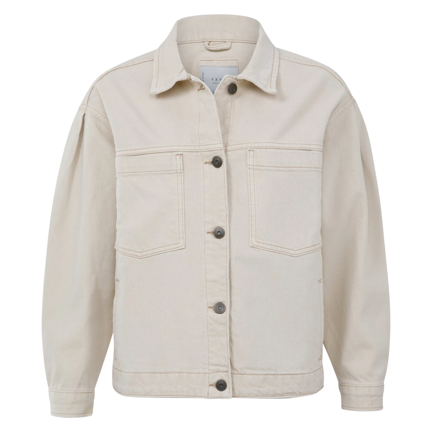 Yaya Denim Jacket with Ruched Back & Puffed Sleeves - Sesame Sand 3 Yaya Denim Jacket with Ruched Back & Puffed Sleeves - Sesame Sand