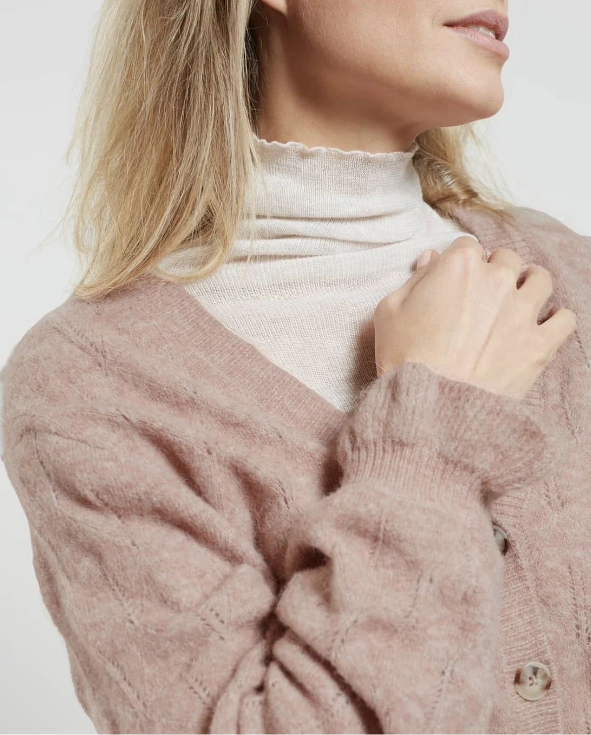 Yaya Pointelle Stitch Cardigan with Ruffle Sleeves - Rose Pink Melange 5 Yaya Pointelle Stitch Cardigan with Ruffle Sleeves - Rose Pink Melange