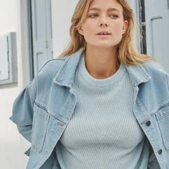 Yaya Sweater with Rib and Balloon Sleeves - Illusion Light Blue